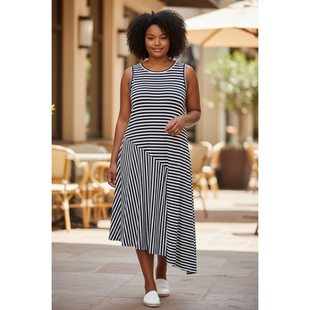 NWT Michael Kors Plus Size 2X Navy Striped Asymmetrical Midi Dress Stretch $149